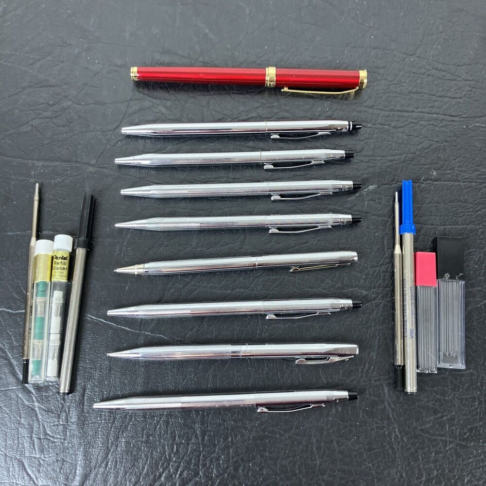 Vtg 8x Chrome Cross Ballpoint Pen & Pencil Lot + Extra Refills Century Rare